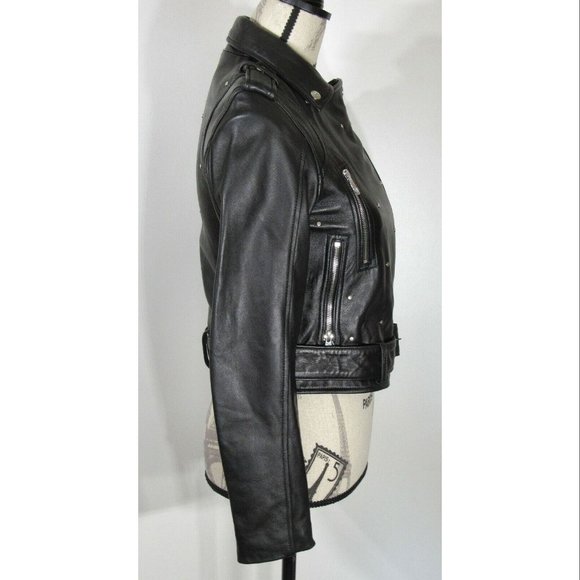 Sam Edelman Starburst Studded Crop Moto Jacket, Black Leather, Women's Size XS - Picture 3 of 8